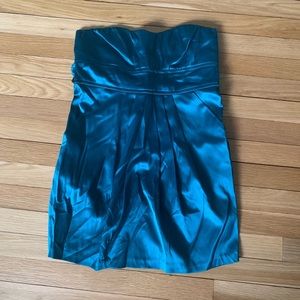 teal strapless dress with pockets